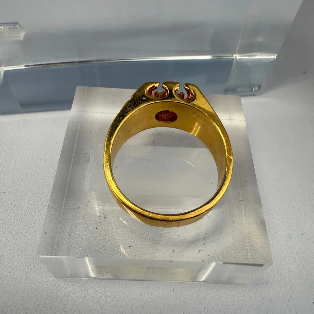 Chunky Vintage Gold Tone Men's Statement Ring with Clear Glass Stone Size 11.75